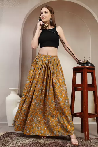 Yellow floral printed cotton flared maxi skirt for women