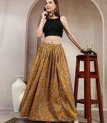 Yellow floral printed cotton flared maxi skirt for women