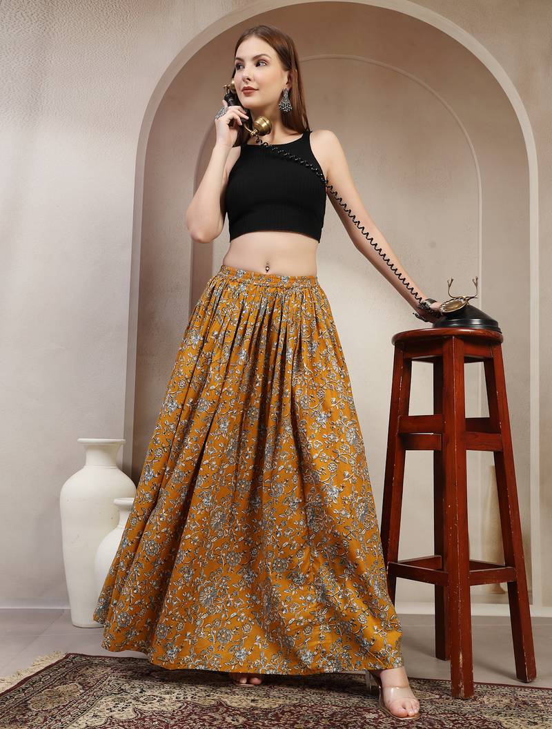 Yellow floral printed cotton flared maxi skirt for women