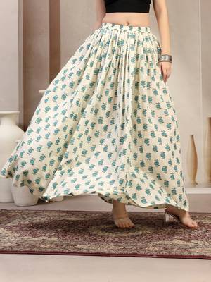 Green floral printed cotton flared maxi skirt for women 5