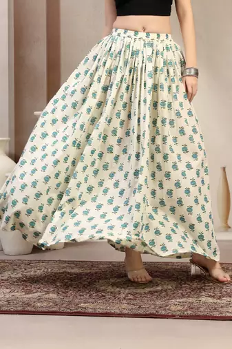 Green floral printed cotton flared maxi skirt for women