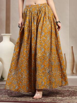 Yellow floral printed cotton flared maxi skirt for women 2