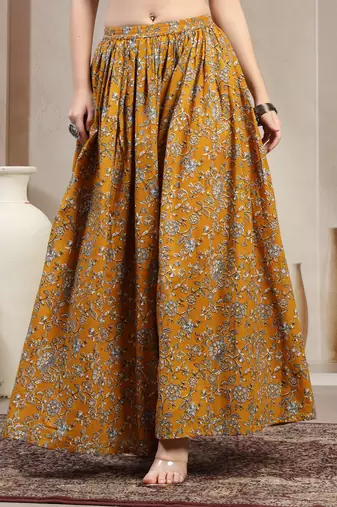 Yellow floral printed cotton flared maxi skirt for women
