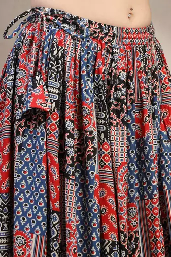 Blue floral printed cotton flared maxi skirt for women