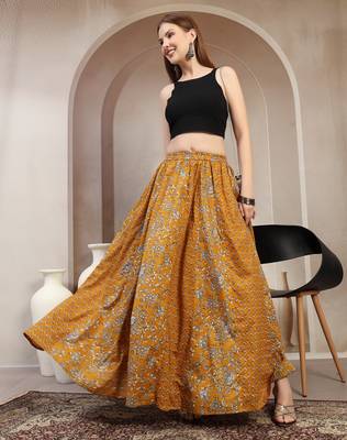 Yellow floral printed cotton flared maxi skirt for women 1