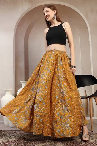 Yellow floral printed cotton flared maxi skirt for women