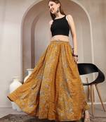Yellow floral printed cotton flared maxi skirt for women