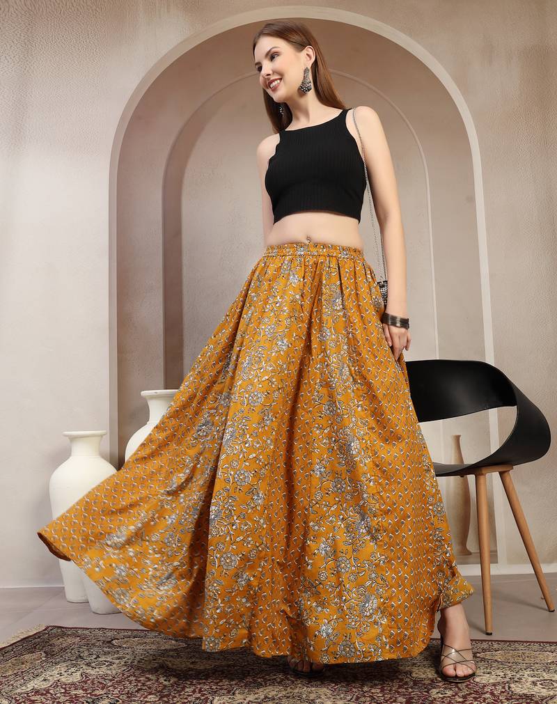 Yellow floral printed cotton flared maxi skirt for women