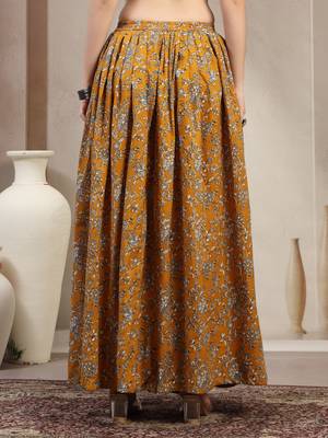 Yellow floral printed cotton flared maxi skirt for women 3