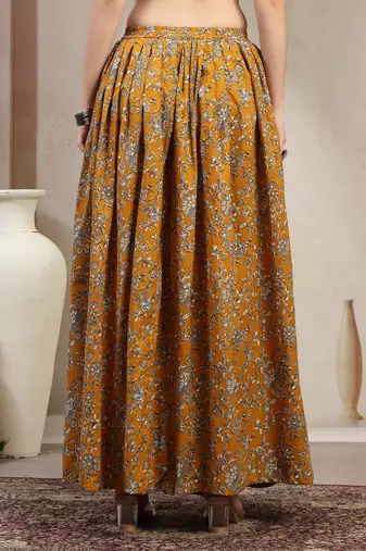 Yellow floral printed cotton flared maxi skirt for women