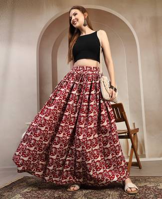 Maroon graphic printed cotton flared maxi skirt for women 1