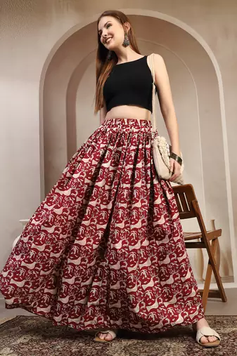 Maroon graphic printed cotton flared maxi skirt for women
