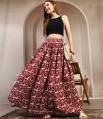 Maroon graphic printed cotton flared maxi skirt for women