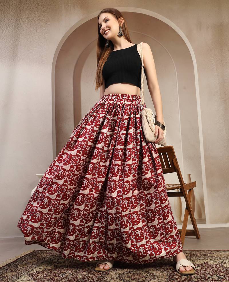 Maroon graphic printed cotton flared maxi skirt for women
