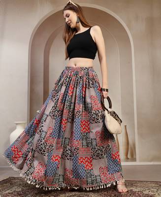 Blue floral printed cotton flared maxi skirt for women 5