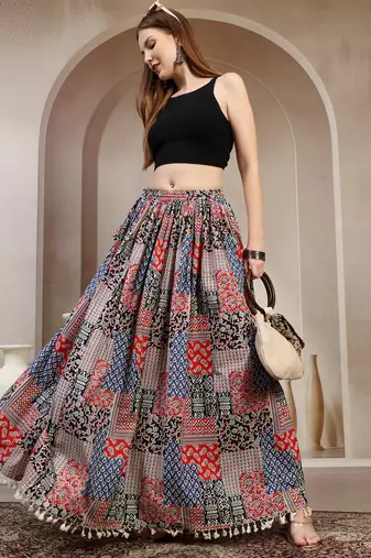 Blue floral printed cotton flared maxi skirt for women