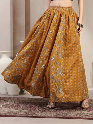 Yellow floral printed cotton flared maxi skirt for women 2