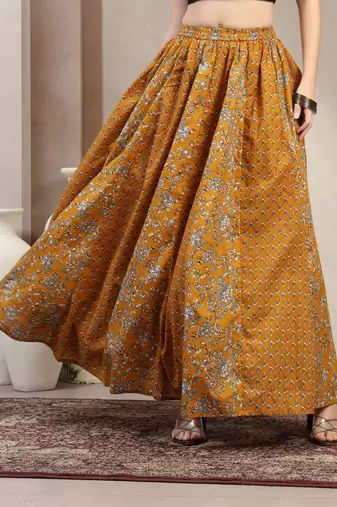Yellow floral printed cotton flared maxi skirt for women