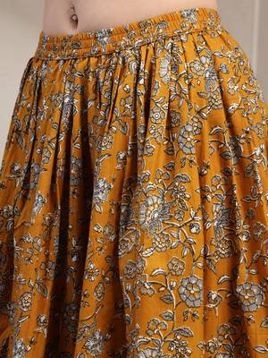Yellow floral printed cotton flared maxi skirt for women 4