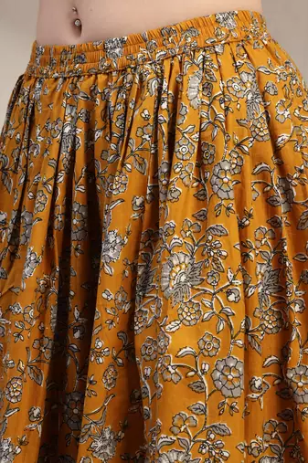 Yellow floral printed cotton flared maxi skirt for women