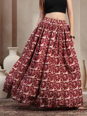 Maroon graphic printed cotton flared maxi skirt for women 2