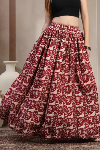Maroon graphic printed cotton flared maxi skirt for women