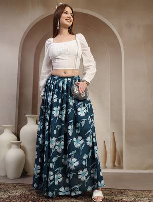 Sky-blue floral printed cotton flared maxi skirt for women 1