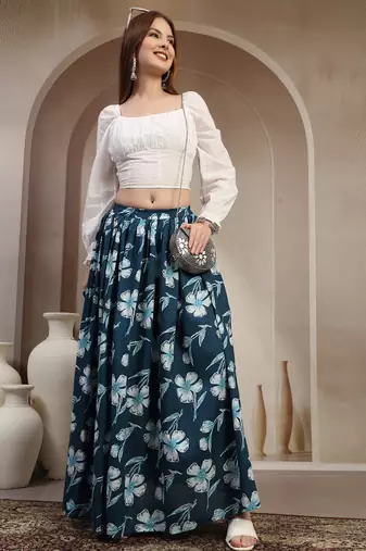 Sky-blue floral printed cotton flared maxi skirt for women