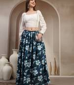 Sky-blue floral printed cotton flared maxi skirt for women