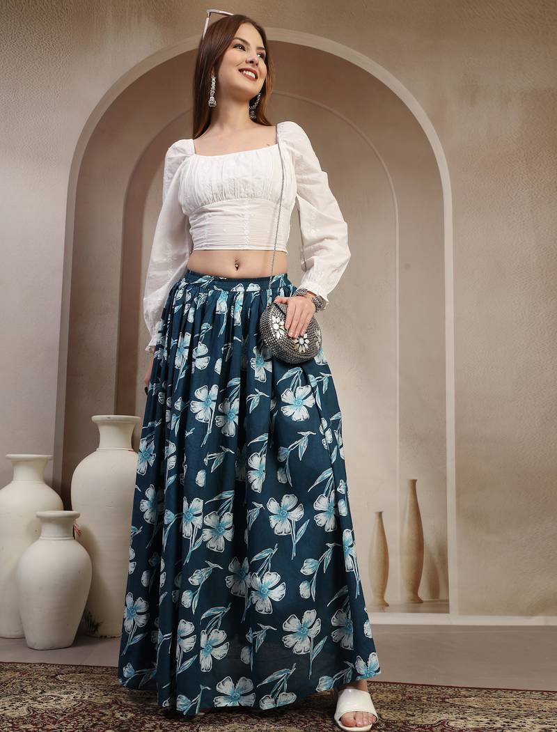 Sky-blue floral printed cotton flared maxi skirt for women