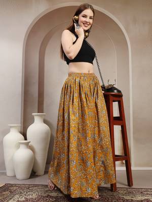 Yellow floral printed cotton flared maxi skirt for women 5