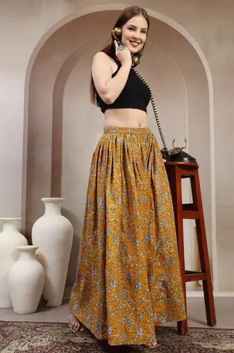 Yellow floral printed cotton flared maxi skirt for women
