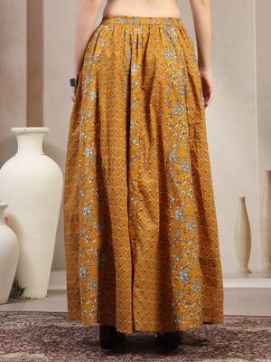 Yellow floral printed cotton flared maxi skirt for women 3