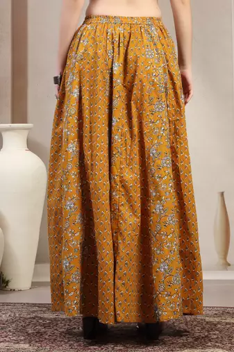 Yellow floral printed cotton flared maxi skirt for women