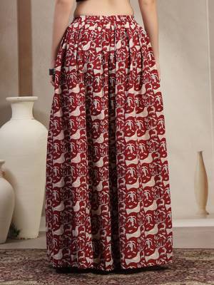 Maroon graphic printed cotton flared maxi skirt for women 3