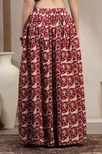 Maroon graphic printed cotton flared maxi skirt for women