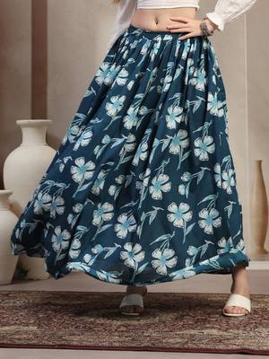 Sky-blue floral printed cotton flared maxi skirt for women 2