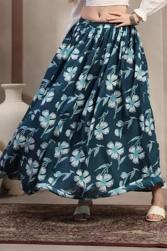 Sky-blue floral printed cotton flared maxi skirt for women