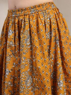 Yellow floral printed cotton flared maxi skirt for women 4