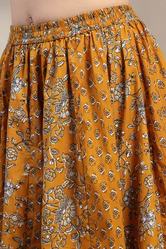 Yellow floral printed cotton flared maxi skirt for women