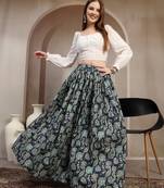 Blue floral printed cotton flared maxi skirt for women