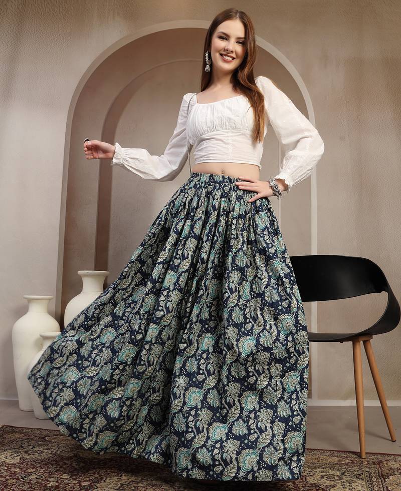 Blue floral printed cotton flared maxi skirt for women