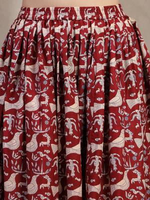 Maroon graphic printed cotton flared maxi skirt for women 4