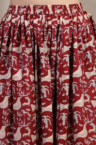 Maroon graphic printed cotton flared maxi skirt for women