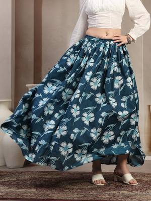 Sky-blue floral printed cotton flared maxi skirt for women 3