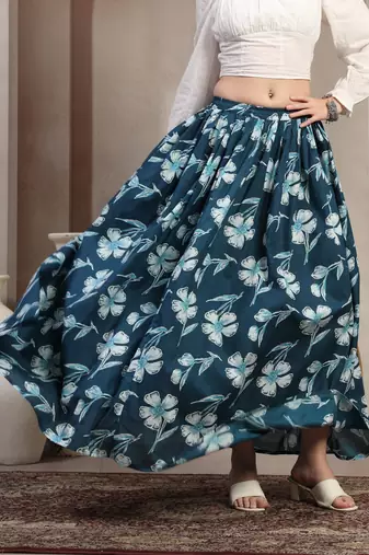 Sky-blue floral printed cotton flared maxi skirt for women
