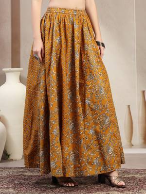 Yellow floral printed cotton flared maxi skirt for women 5