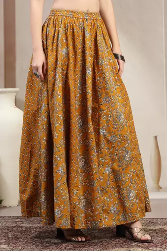 Yellow floral printed cotton flared maxi skirt for women