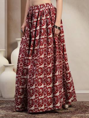 Maroon graphic printed cotton flared maxi skirt for women 5