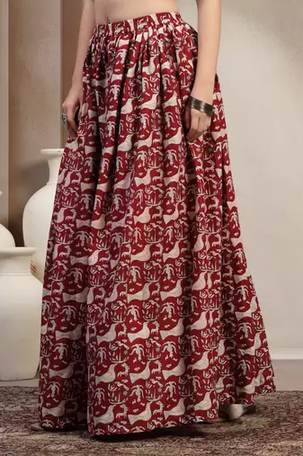 Maroon graphic printed cotton flared maxi skirt for women